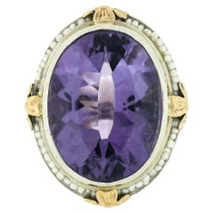 Antique 14k TT Gold 15ctw Amethyst Seed Pearl Halo Floral Filigree Cocktail Ring