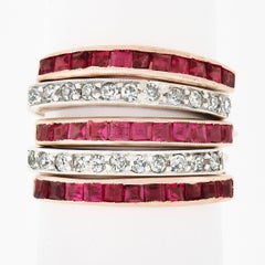 Antique 14k TT Gold 1.70ctw Channel Ruby & Pave Diamond 5 Band Harem Stack Ring