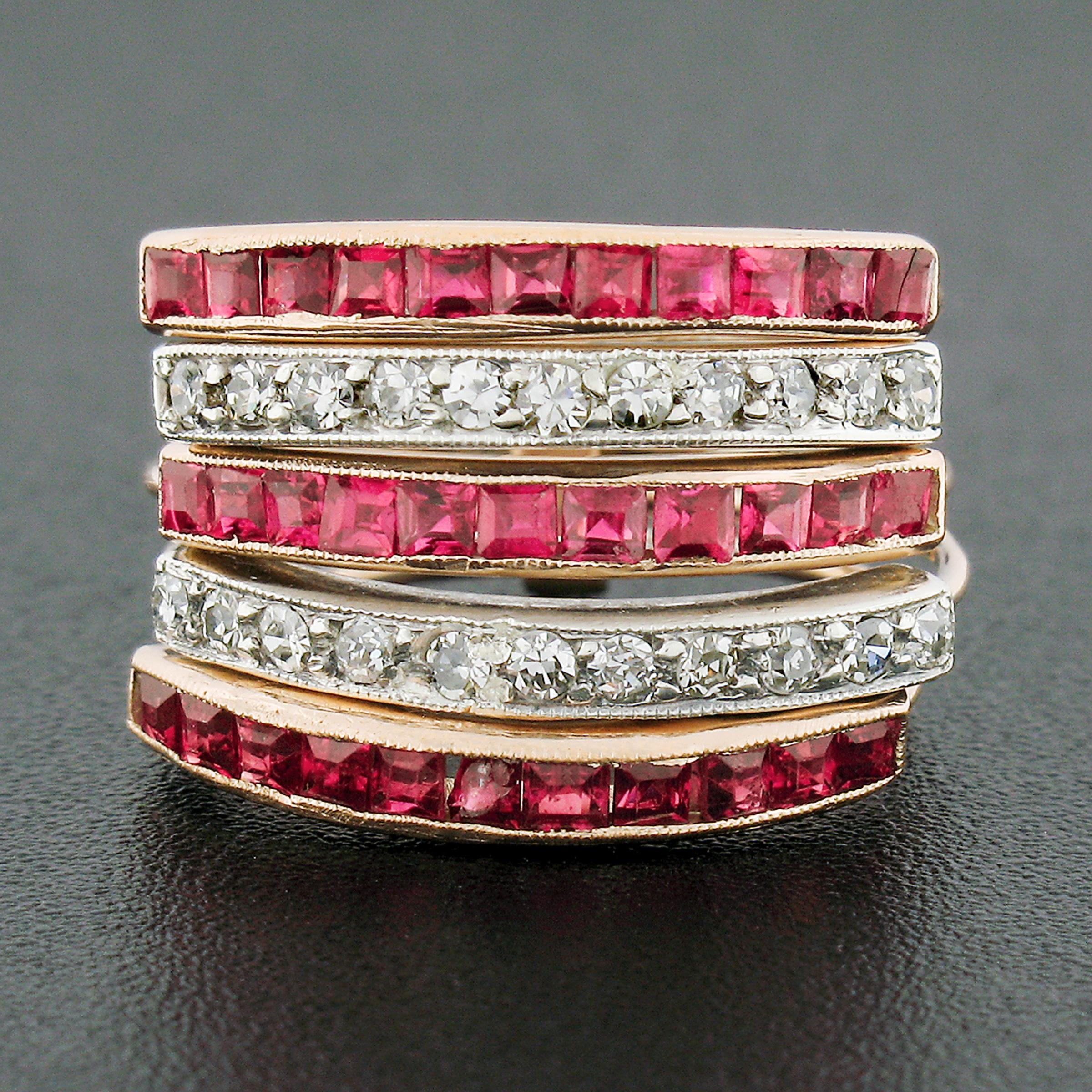 Taille carrée Bague ancienne en or 14k TT 1.70ctw Channel Ruby & Pave Diamond 5 Band Harem Stack Ring en vente