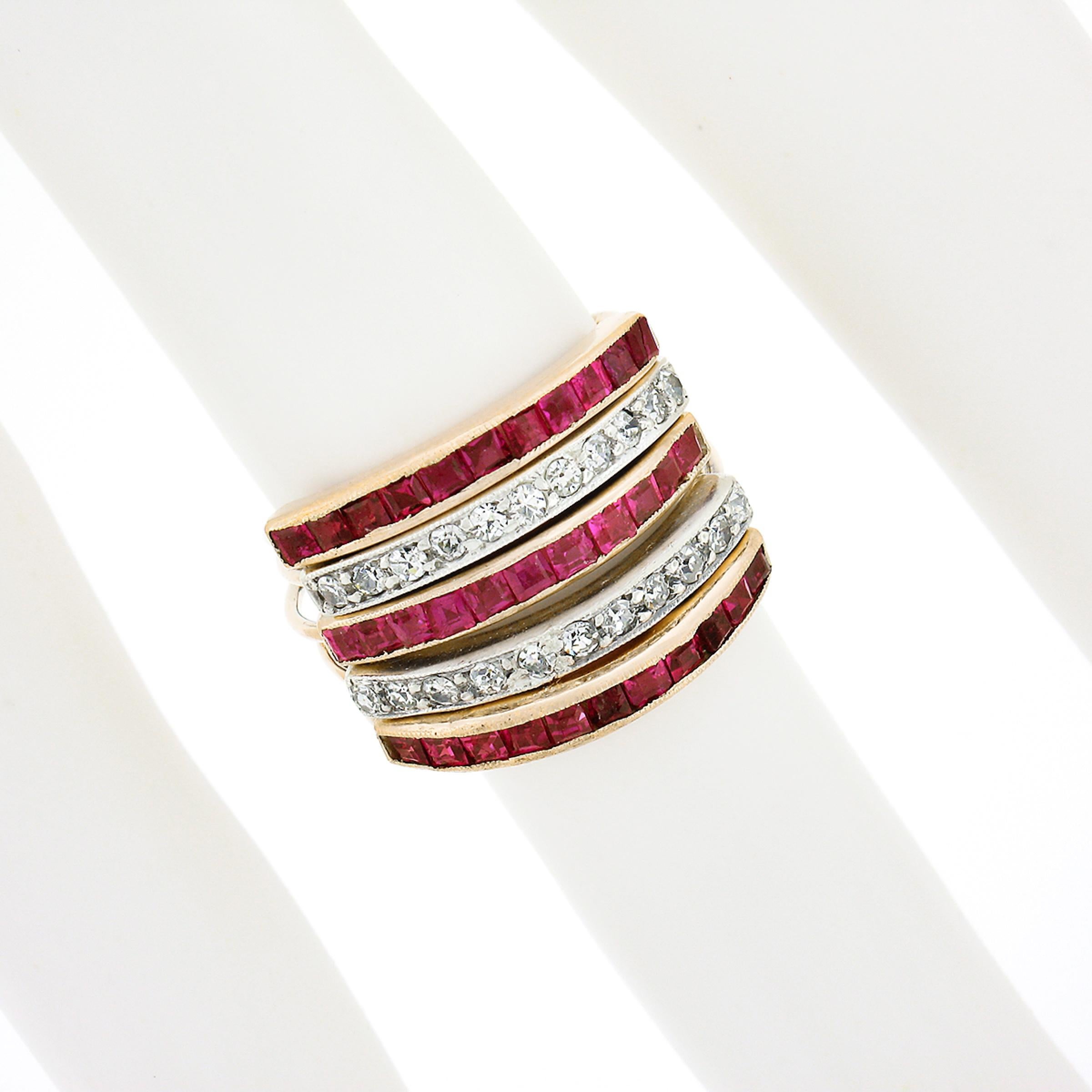 Antique 14k TT Gold 1.70ctw Channel Ruby & Pave Diamond 5 Band Harem Stack Ring In Good Condition For Sale In Montclair, NJ