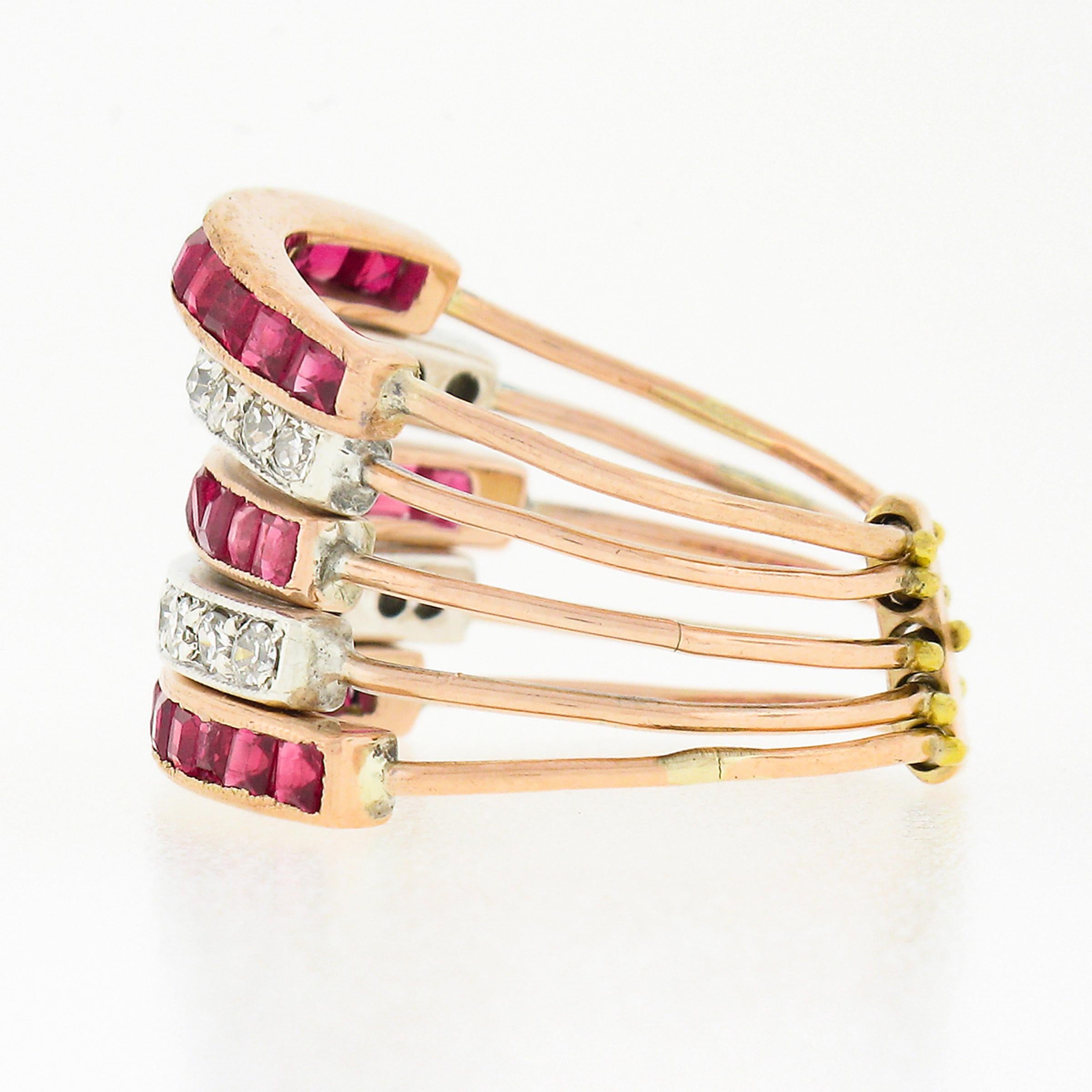 Bague ancienne en or 14k TT 1.70ctw Channel Ruby & Pave Diamond 5 Band Harem Stack Ring Pour femmes en vente