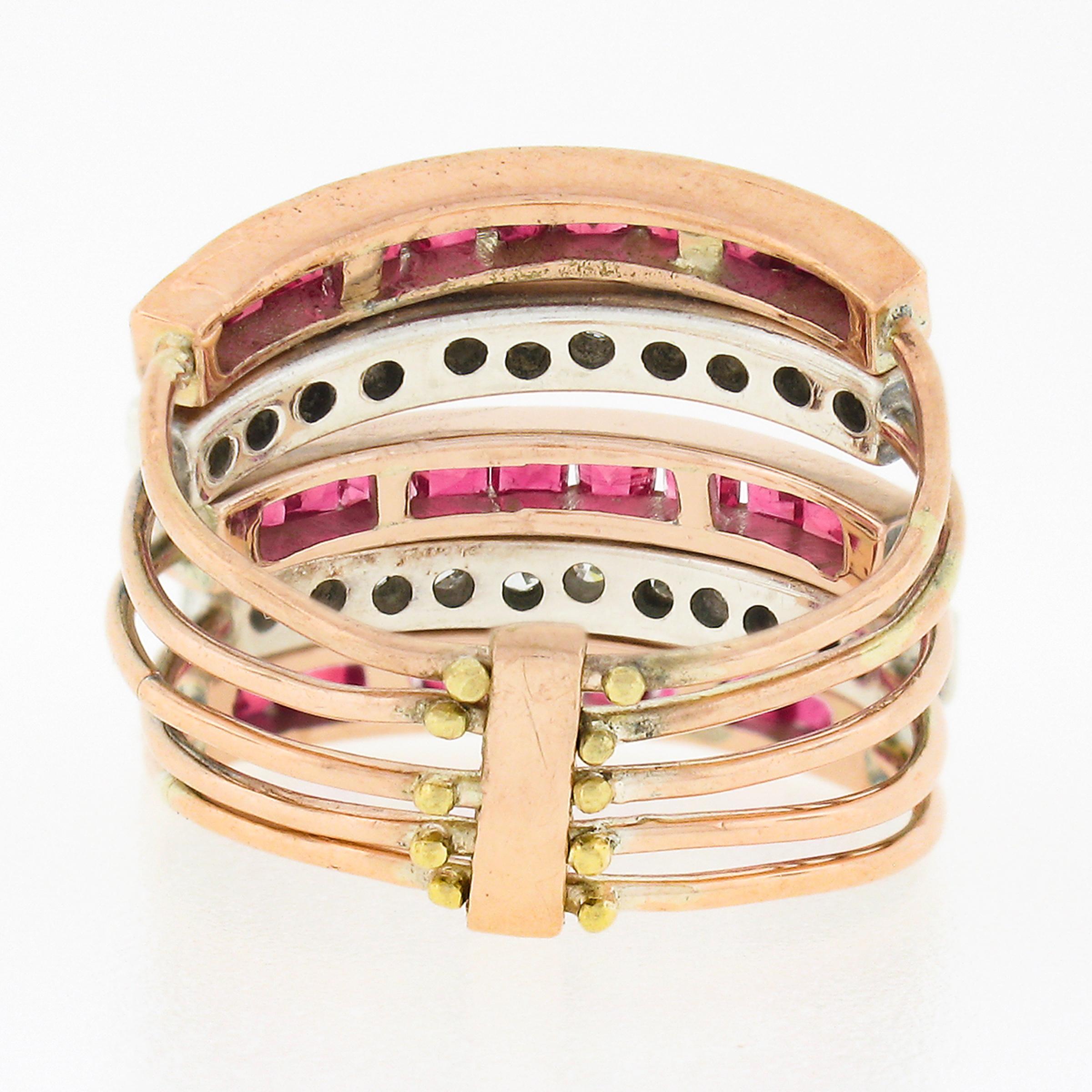 Bague ancienne en or 14k TT 1.70ctw Channel Ruby & Pave Diamond 5 Band Harem Stack Ring en vente 1