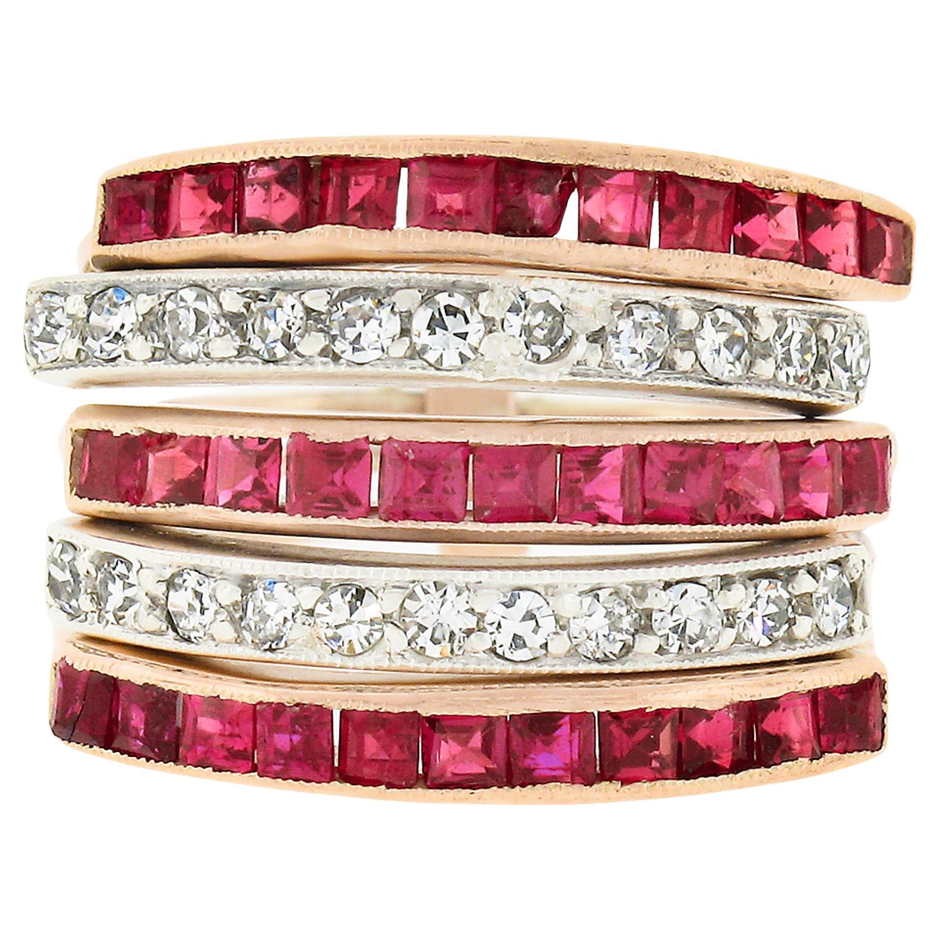 Antique 14k TT Gold 1.70ctw Channel Ruby & Pave Diamond 5 Band Harem Stack Ring For Sale