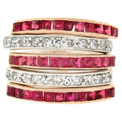 Antique 14k TT Gold 1.70ctw Channel Ruby & Pave Diamond 5 Band Harem Stack Ring