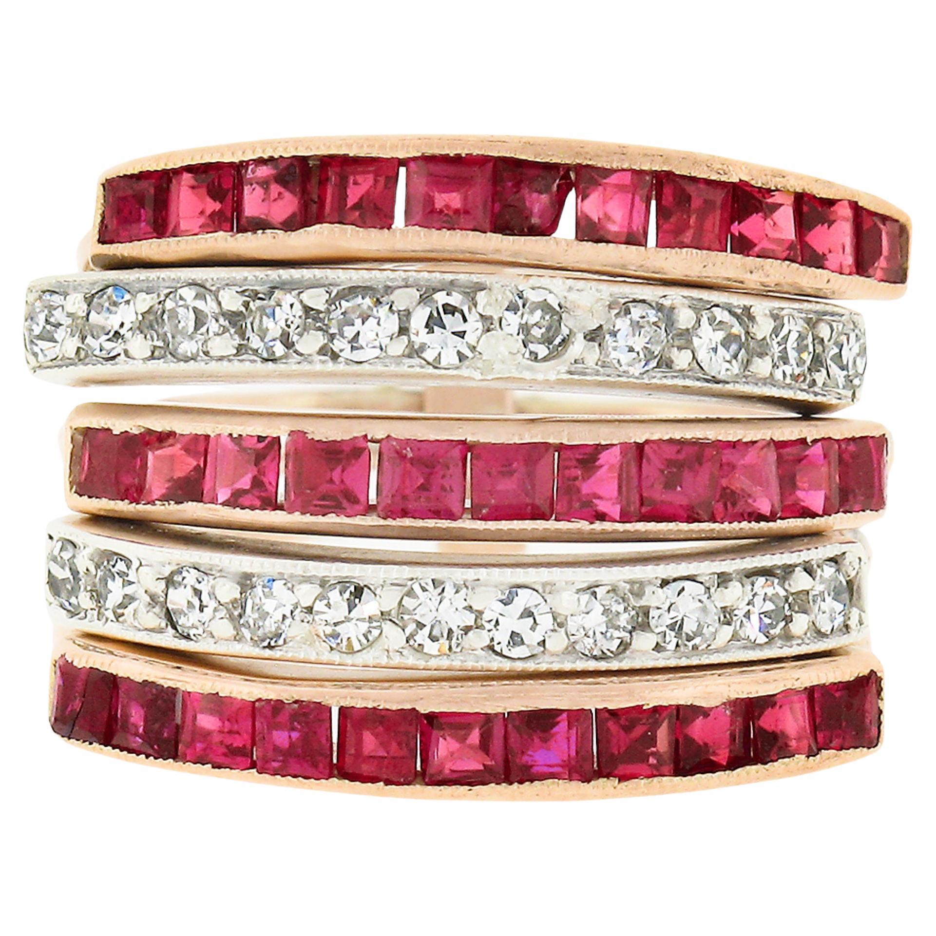 Bague ancienne en or 14k TT 1.70ctw Channel Ruby & Pave Diamond 5 Band Harem Stack Ring en vente