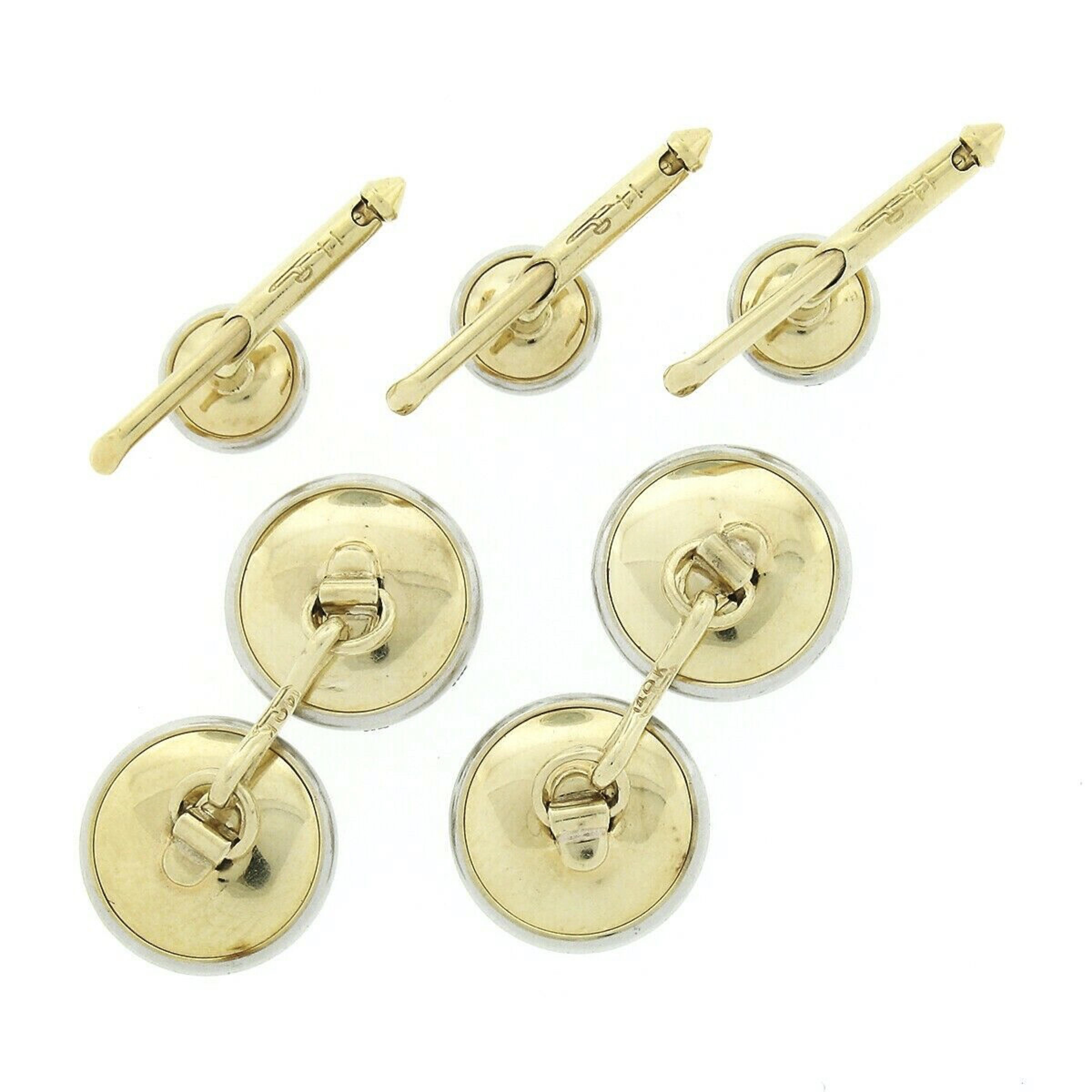 Art Deco Antique 14k TT Gold Diamond Black Mother of Pearl Cuff Links & 3 Button Stud Set