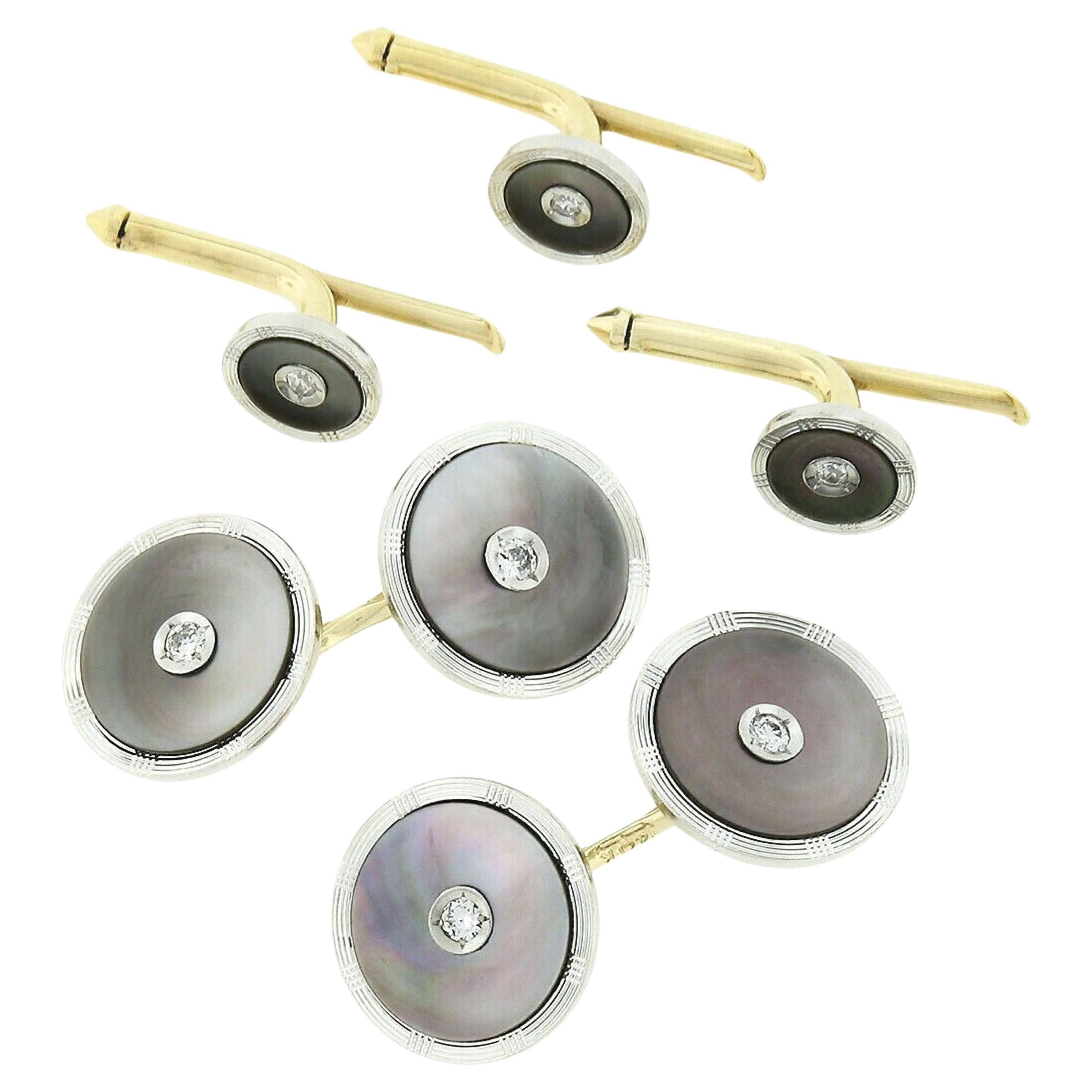 White Mother of Pearl in Silver Setting Studs and Cufflinks Set main image 0