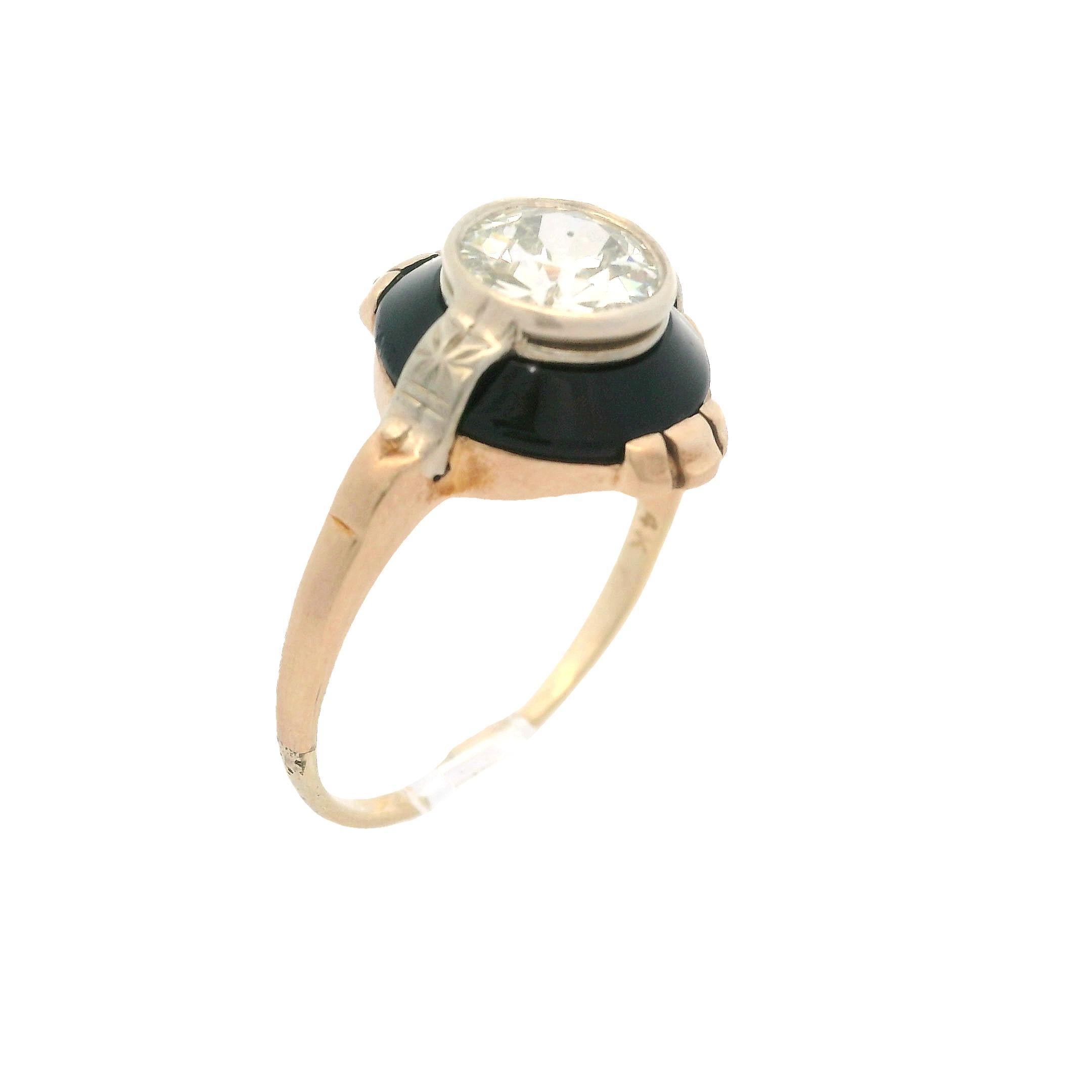 -- Stone(s) --
(1) Natural Genuine Diamond - Old European Cut - Bezel Set - M Color - SI1 Clarity - 1.12ct (exact - certified) **See Certification Details Below**
(1) Natural Genuine Black Onyx- Custom Cut - Prong Set - Black Color
Total Carat