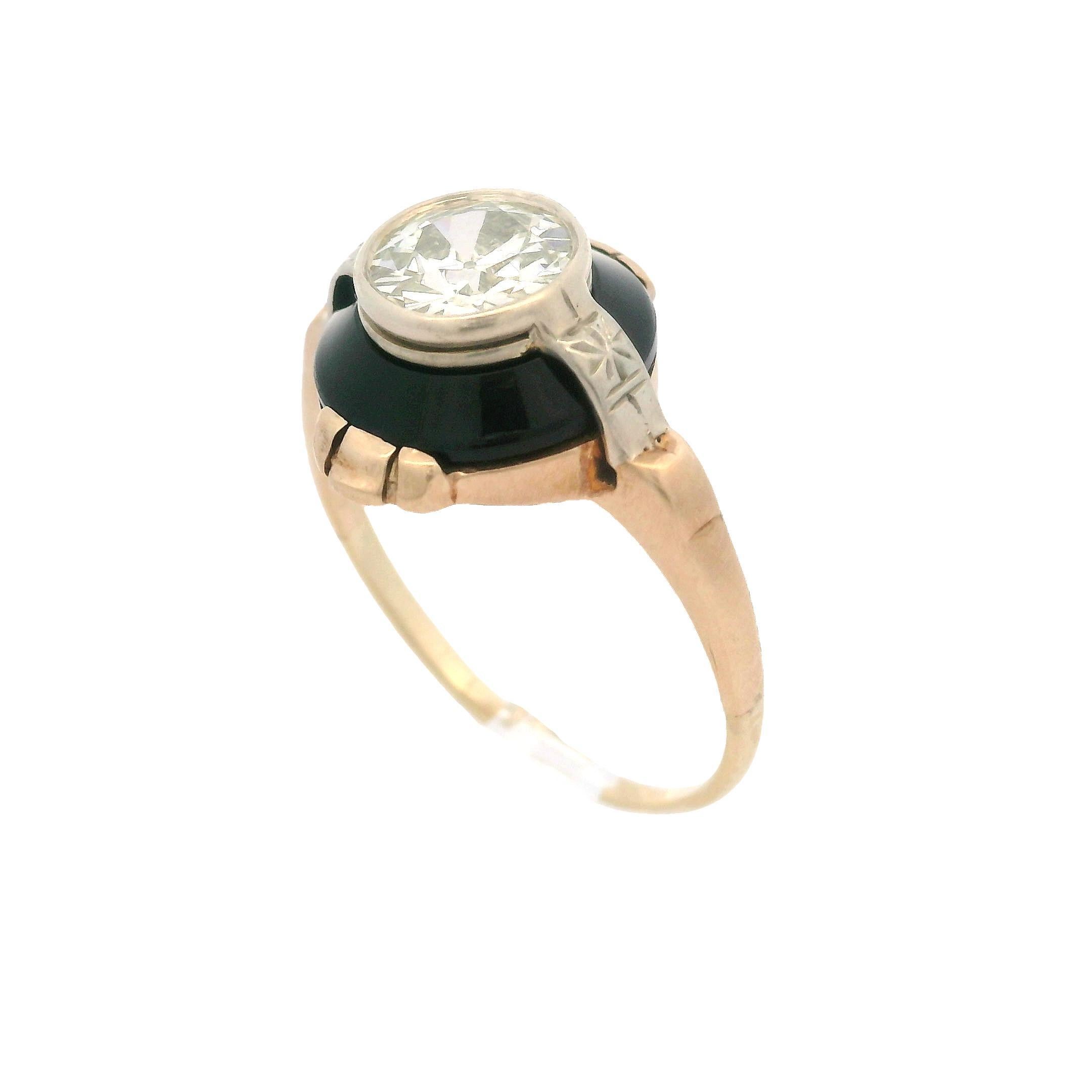 Old European Cut Antique 14k Two Tone Gold GIA 1.12ct Old European Diamond Black Onyx Target Ring