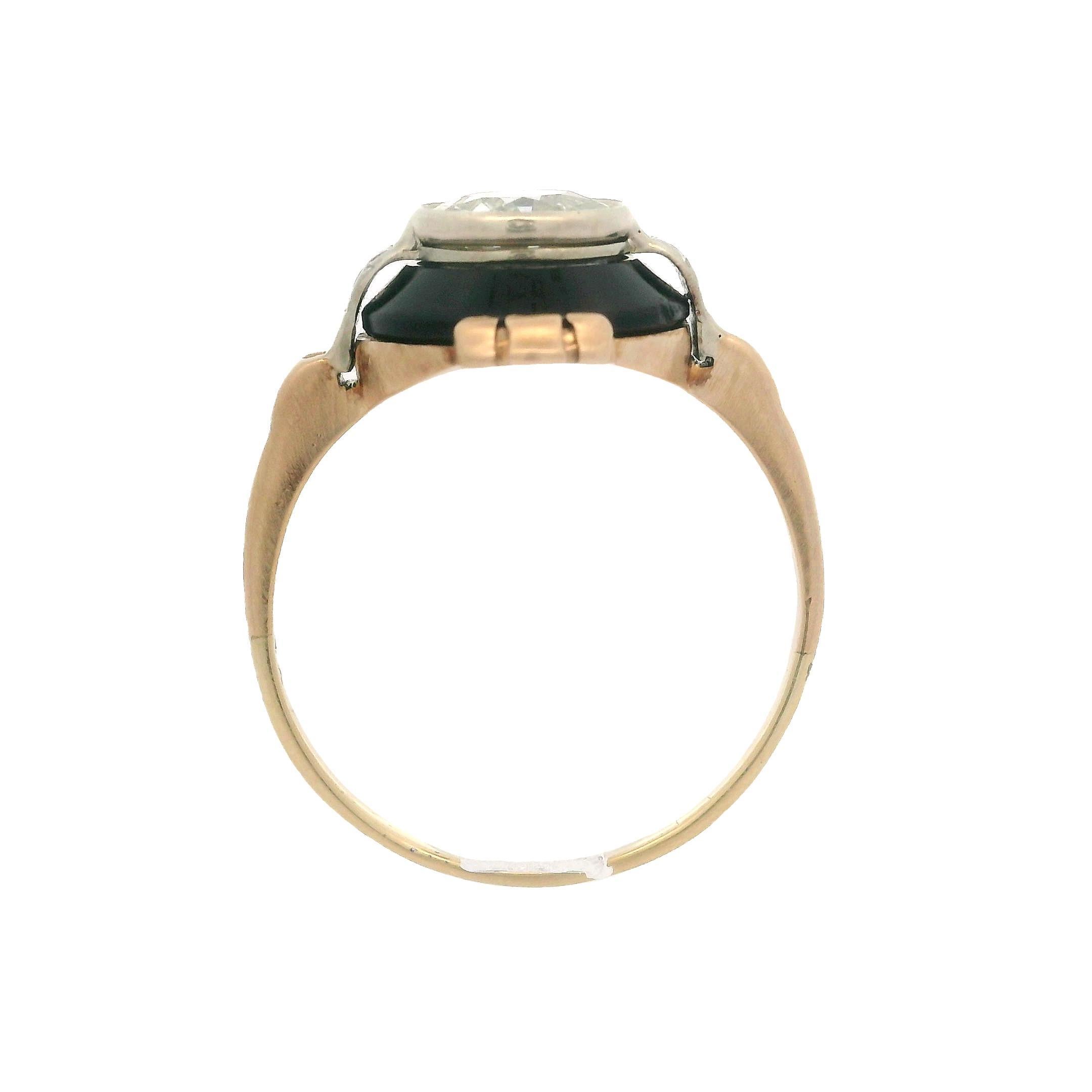 Antique 14k Two Tone Gold GIA 1.12ct Old European Diamond Black Onyx Target Ring In Good Condition In Montclair, NJ