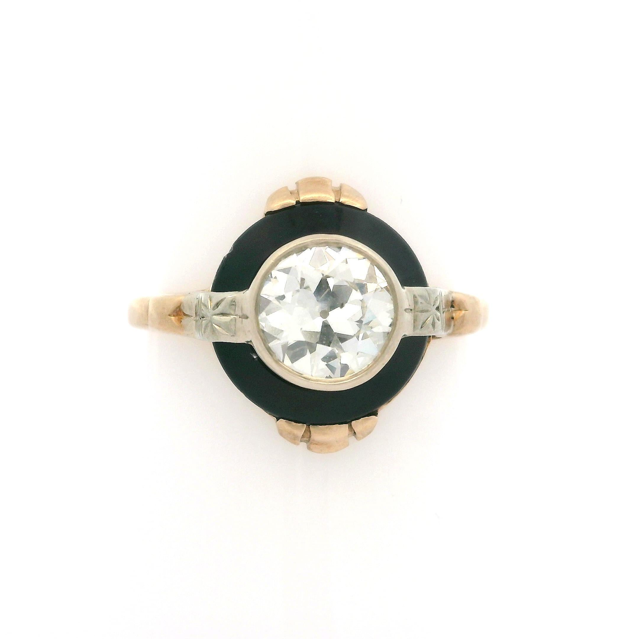 Antique 14k Two Tone Gold GIA 1.12ct Old European Diamond Black Onyx Target Ring 1