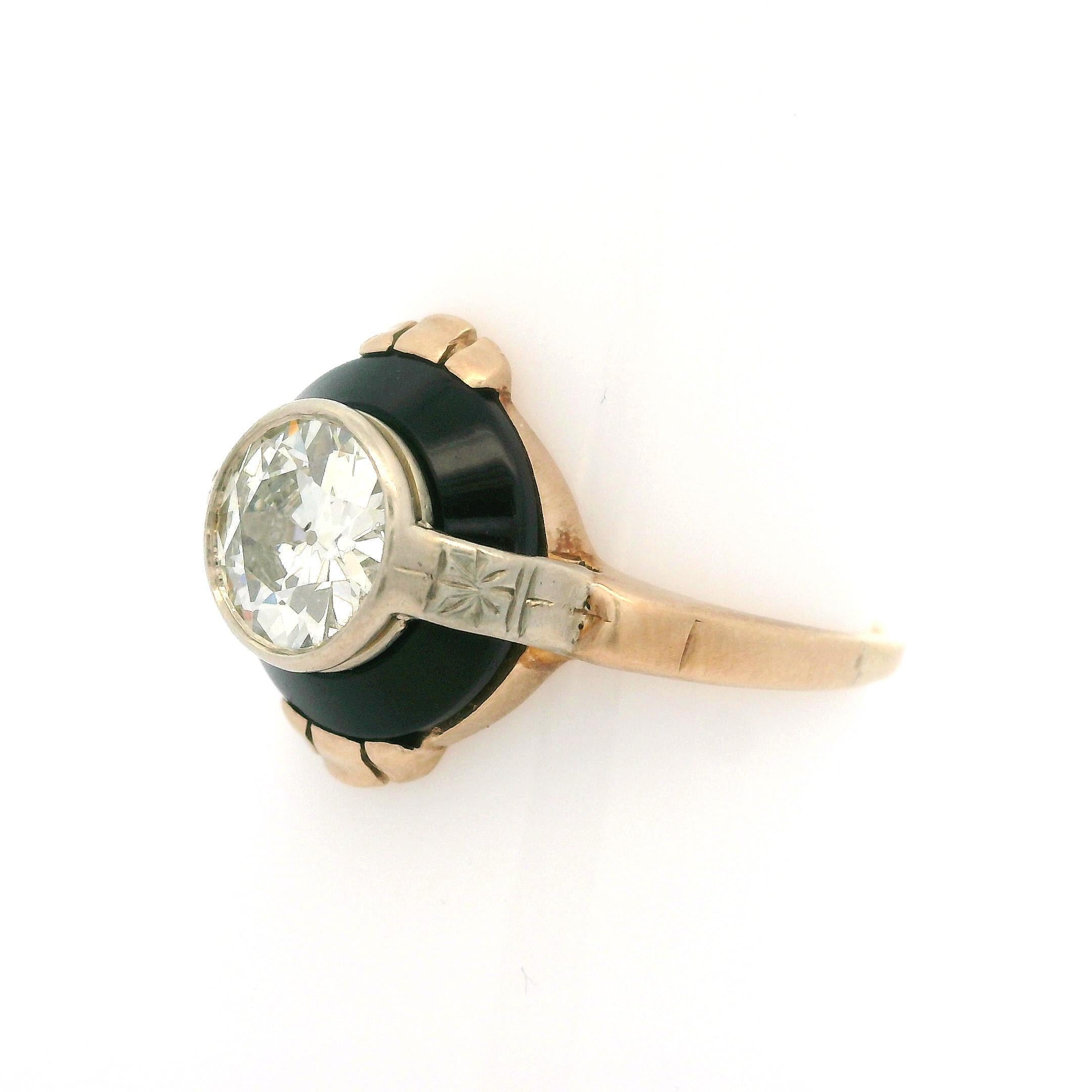 Antique 14k Two Tone Gold GIA 1.12ct Old European Diamond Black Onyx Target Ring 3