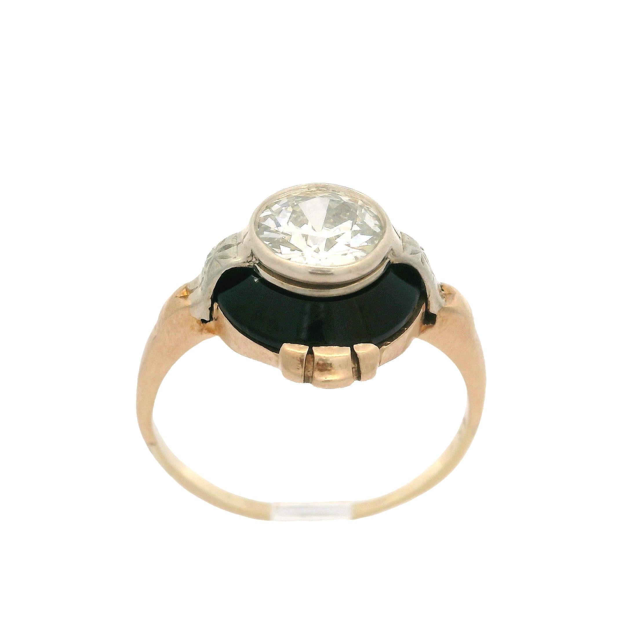 Antique 14k Two Tone Gold GIA 1.12ct Old European Diamond Black Onyx Target Ring 4