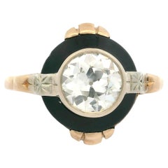 Antique 14k Two Tone Gold GIA 1.12ct Old European Diamond Black Onyx Target Ring