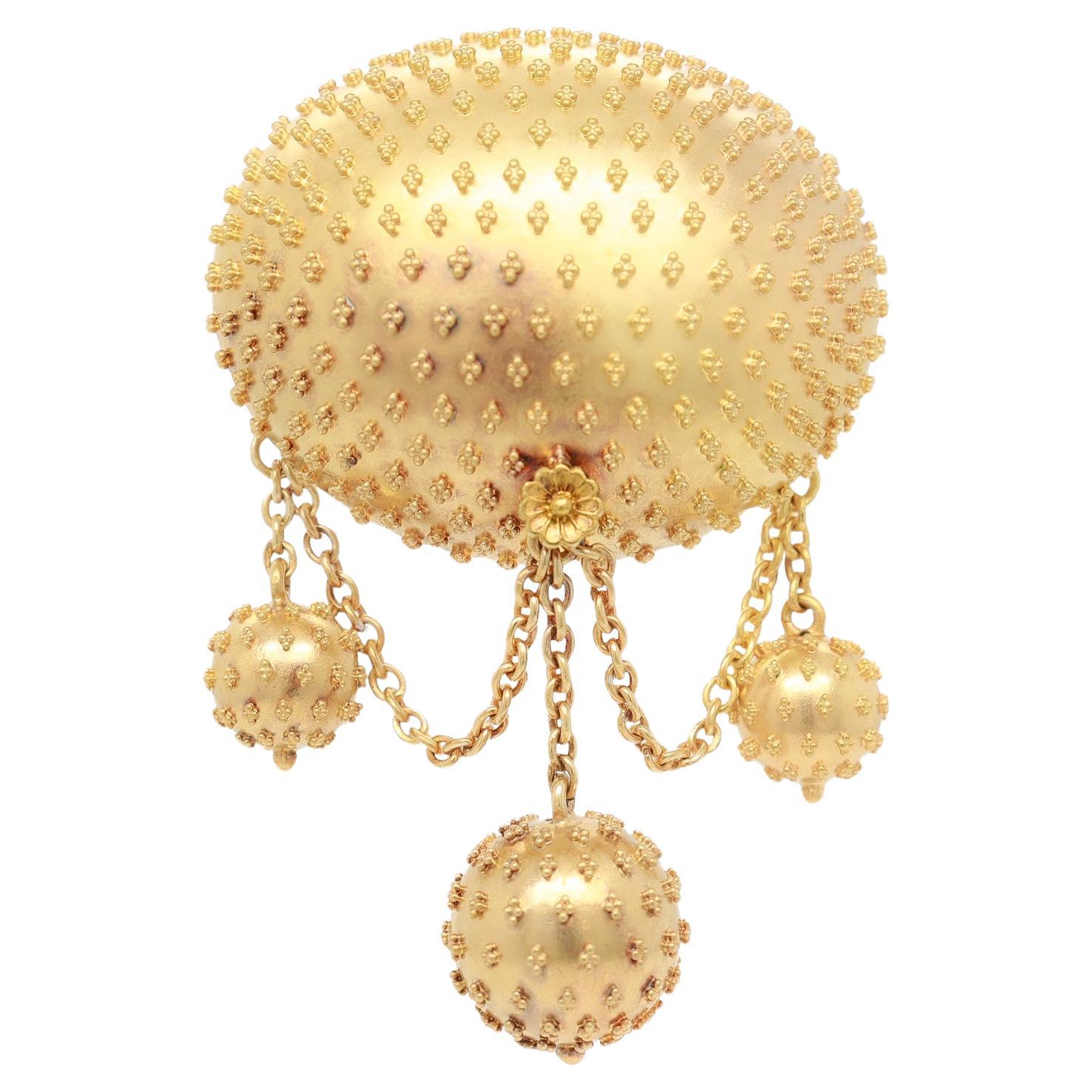 Antique 14K Victorian Convertible Brooch/Pendant w Granulation & Pendant Drops