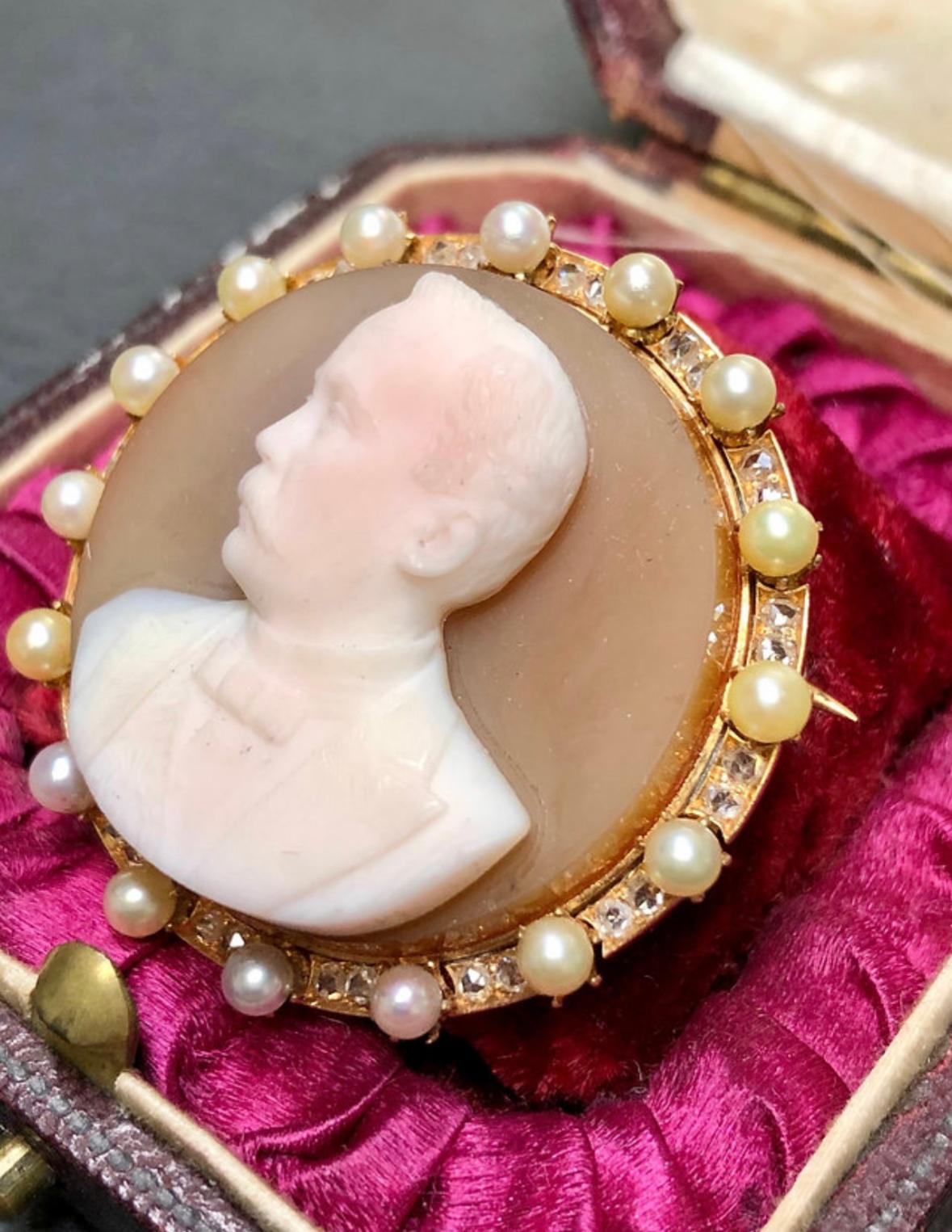 Old Mine Cut Antique 14k Victorian Hard Stone Cameo Diamond Seed Pearl Brooch  For Sale