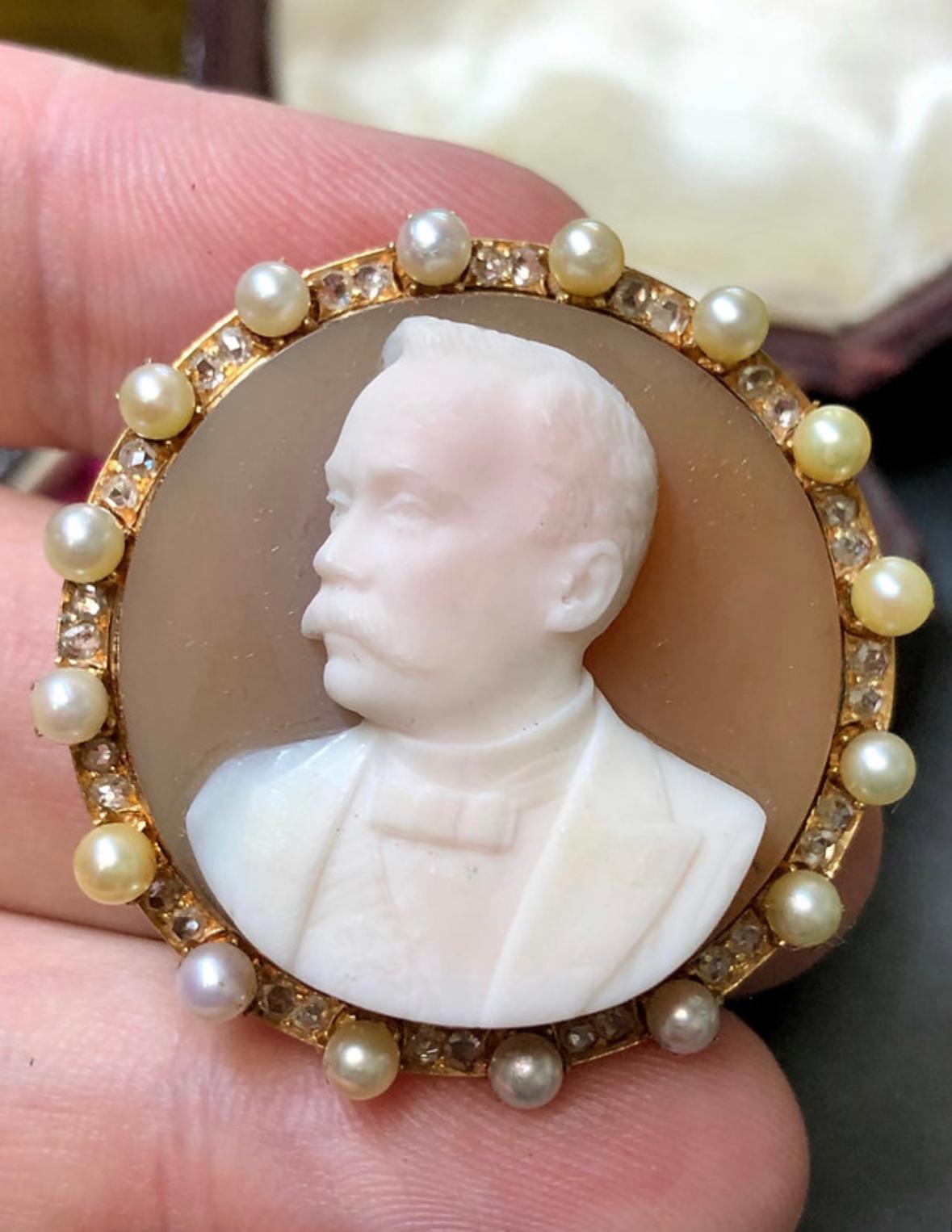 Women's or Men's Antique 14k Victorian Hard Stone Cameo Diamond Seed Pearl Brooch  For Sale