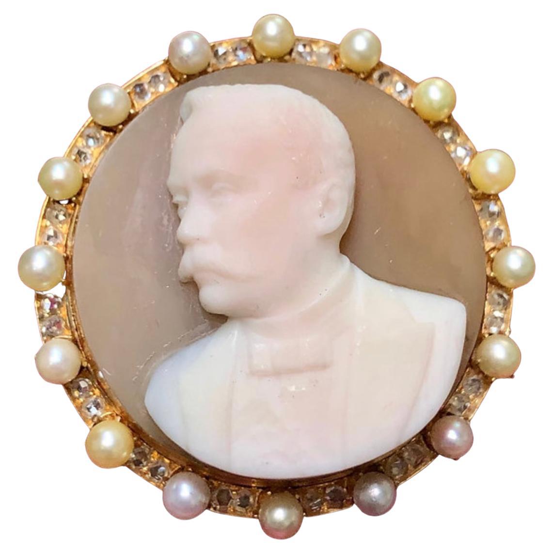 Antique 14k Victorian Hard Stone Cameo Diamond Seed Pearl Brooch  For Sale