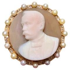 Antique 14k Victorian Hard Stone Cameo Diamond Seed Pearl Brooch 