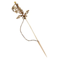 Antique 14K Victorian Sword Jabot Pin, Old European Cut Diamond