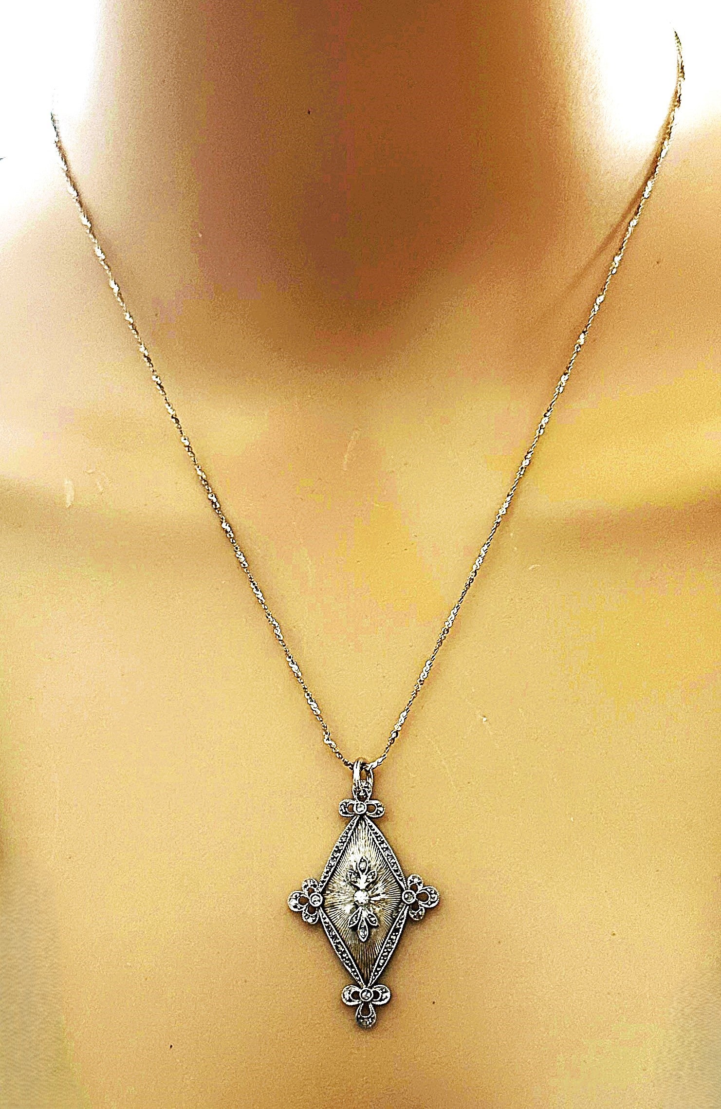 Antique 14k WG Rose Cut & Mine Cut .20 carat Diamond Pendant w 14k 18" Chain For Sale