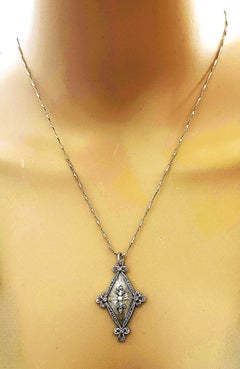 Antique 14k WG Rose Cut & Mine Cut .20 carat Diamond Pendant w 14k 18" Chain