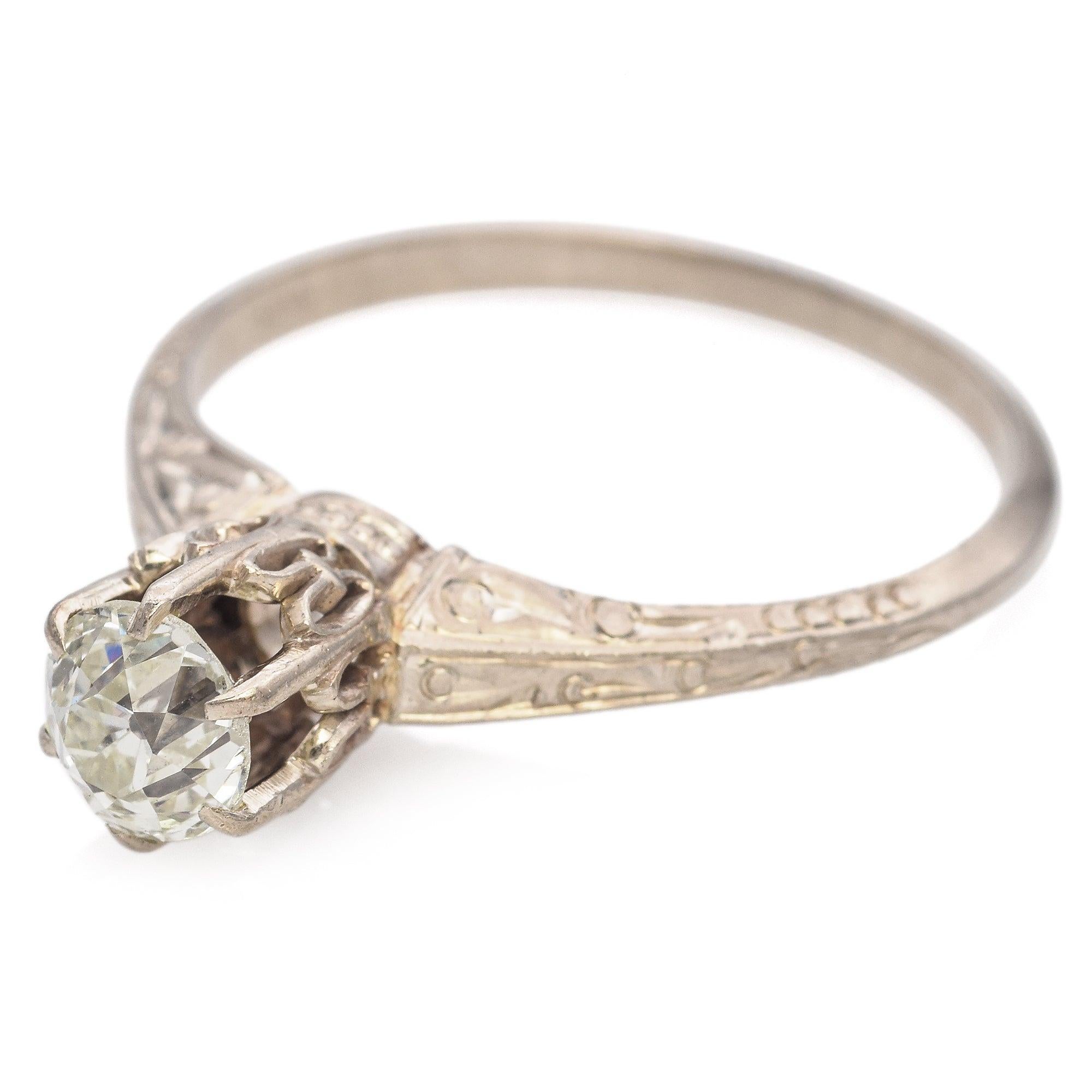 Bague ancienne en or blanc 14K avec diamant de 0,67ct à haute couronne et de type 