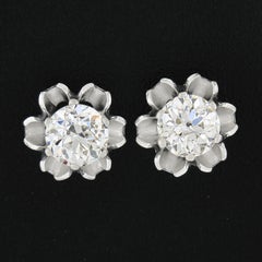 Antique 14K White Gold 0.93ct Old European Buttercup Prong Diamond Stud Earrings