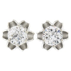 Antique 14K White Gold 0.93ct Old European Buttercup Prong Diamond Stud Earrings
