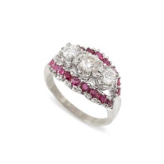 Antique 14K White Gold 1.33ctw Old Cut Diamond Ruby Three Stone Cocktail Ring