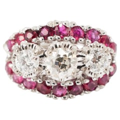 Antique 14K White Gold 1.33ctw Old Cut Diamond Ruby Three Stone Cocktail Ring