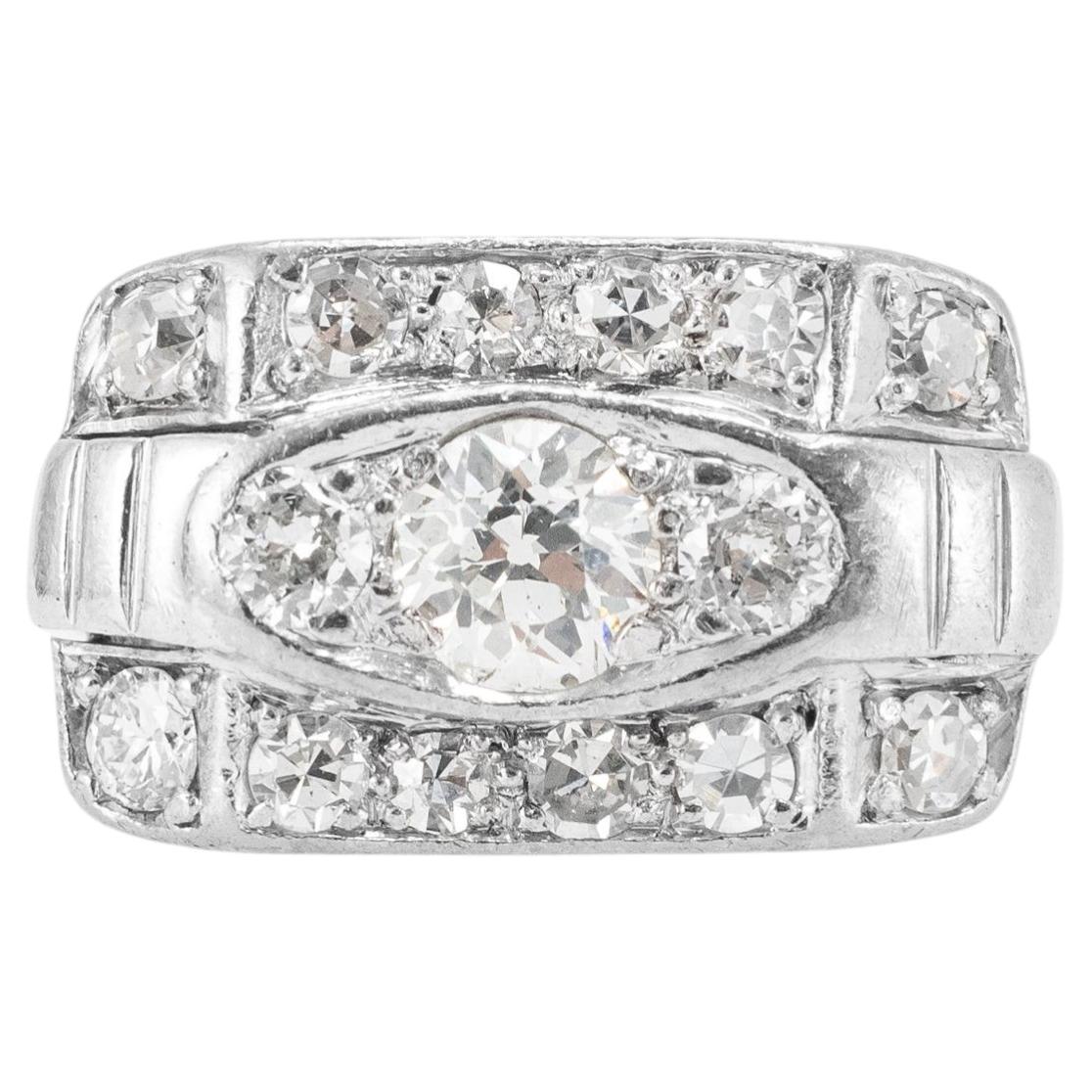 Antique 14K White Gold 1.57ctw Old Euro Cut Diamond Three Stone Engagement Ring