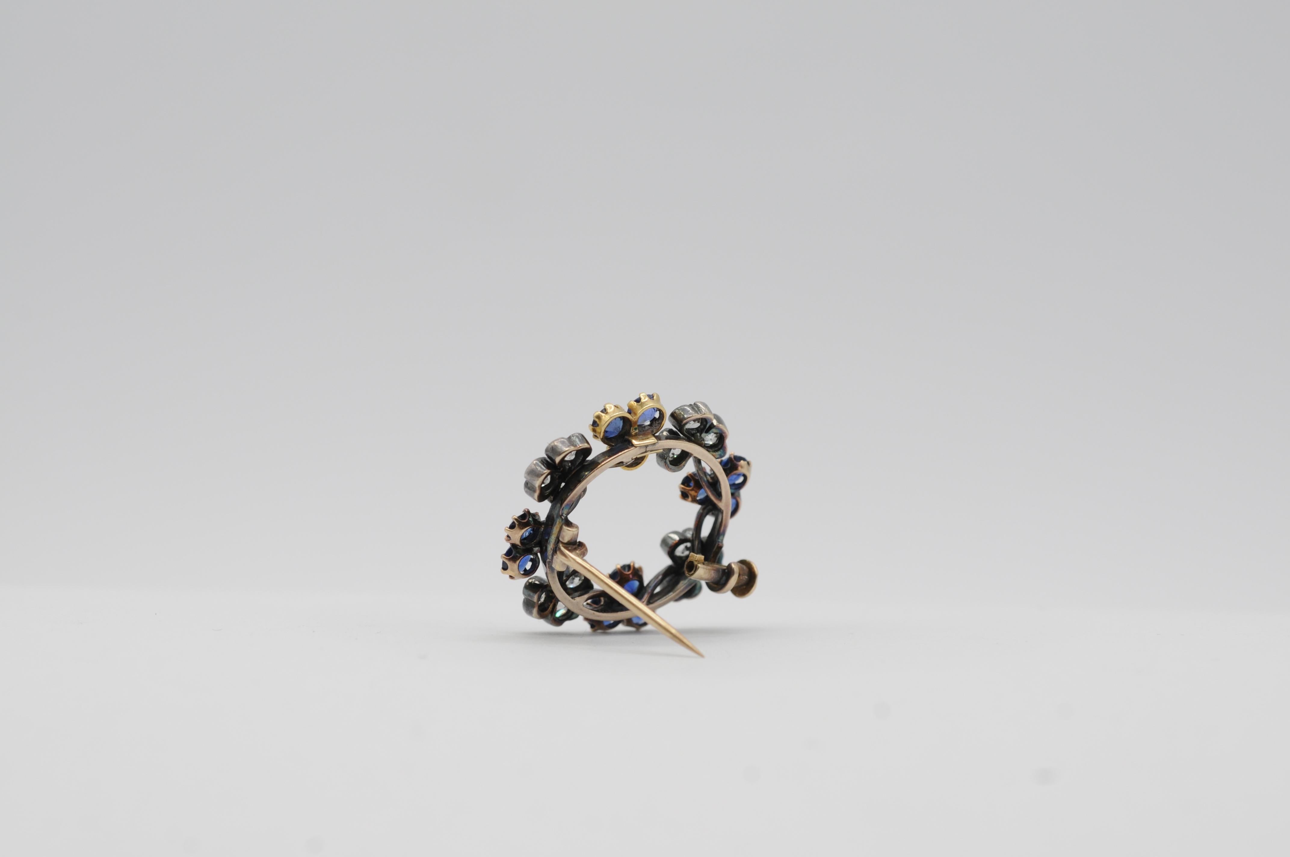 Antique 14k White Gold Brooch with 12 Brilliant-Cut Diamonds & 12 Sapphires For Sale 4