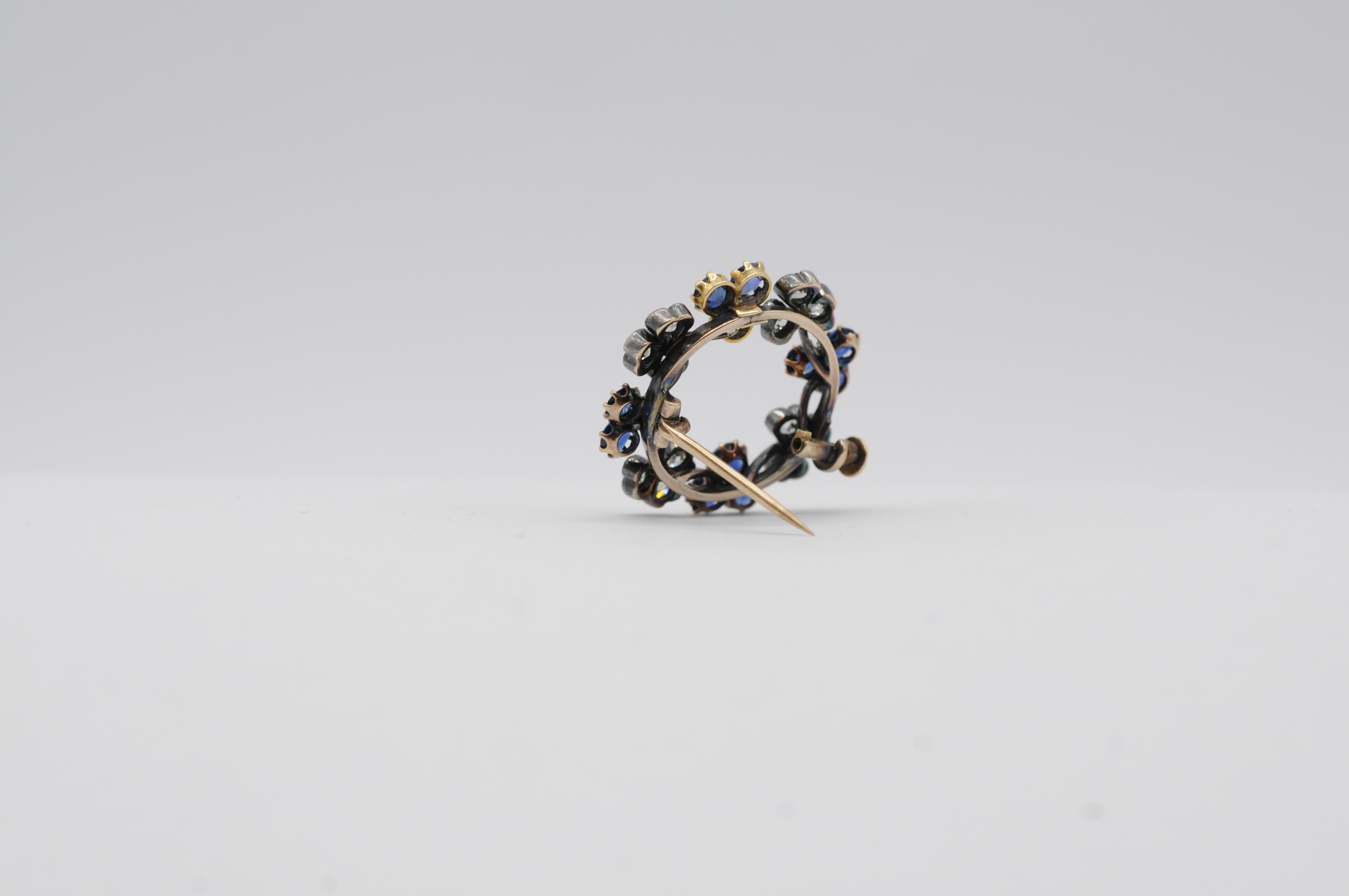 Antique 14k White Gold Brooch with 12 Brilliant-Cut Diamonds & 12 Sapphires For Sale 5