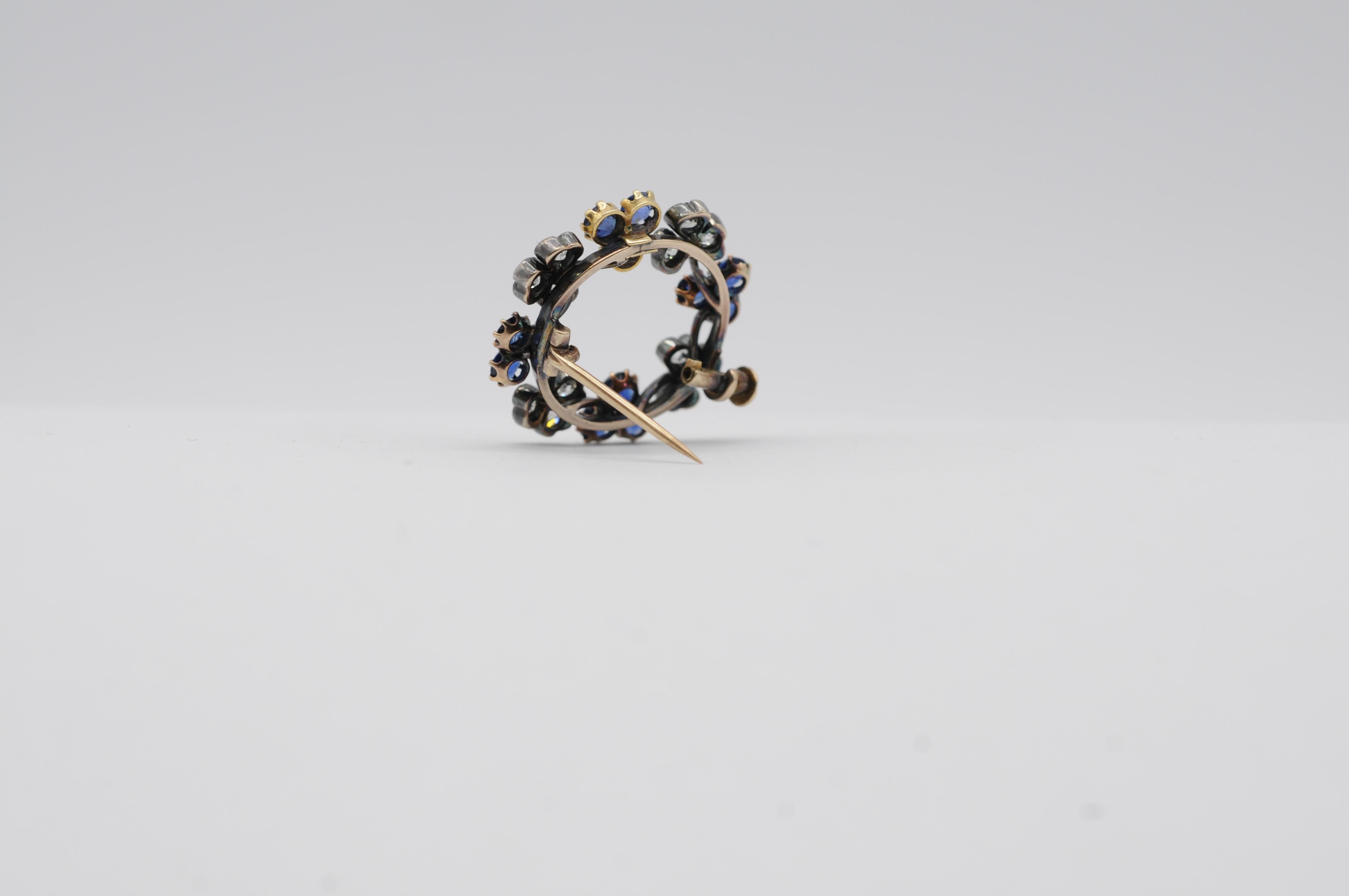 Antique 14k White Gold Brooch with 12 Brilliant-Cut Diamonds & 12 Sapphires For Sale 6