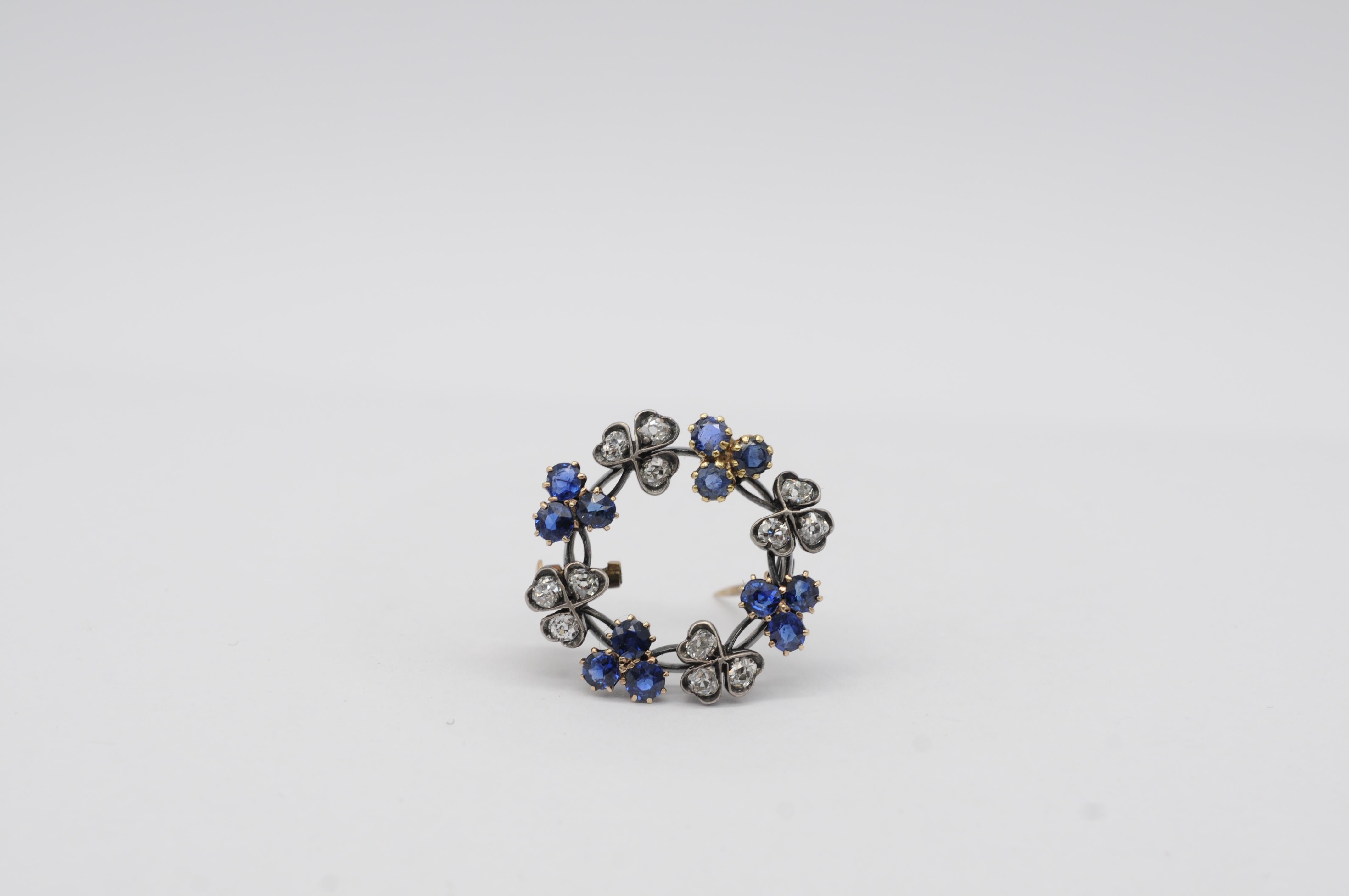 Aesthetic Movement Antique 14k White Gold Brooch with 12 Brilliant-Cut Diamonds & 12 Sapphires For Sale