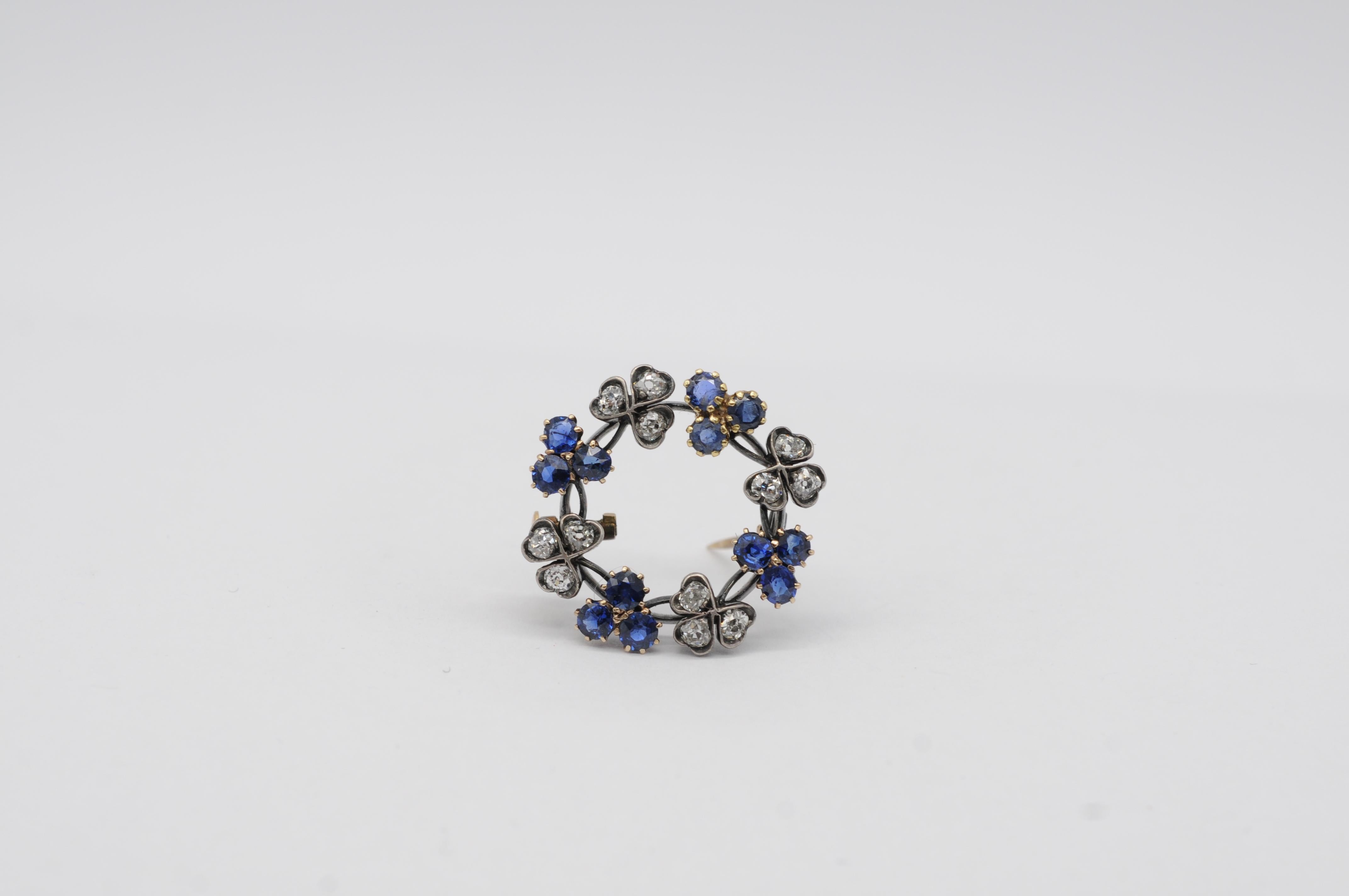 Brilliant Cut Antique 14k White Gold Brooch with 12 Brilliant-Cut Diamonds & 12 Sapphires For Sale