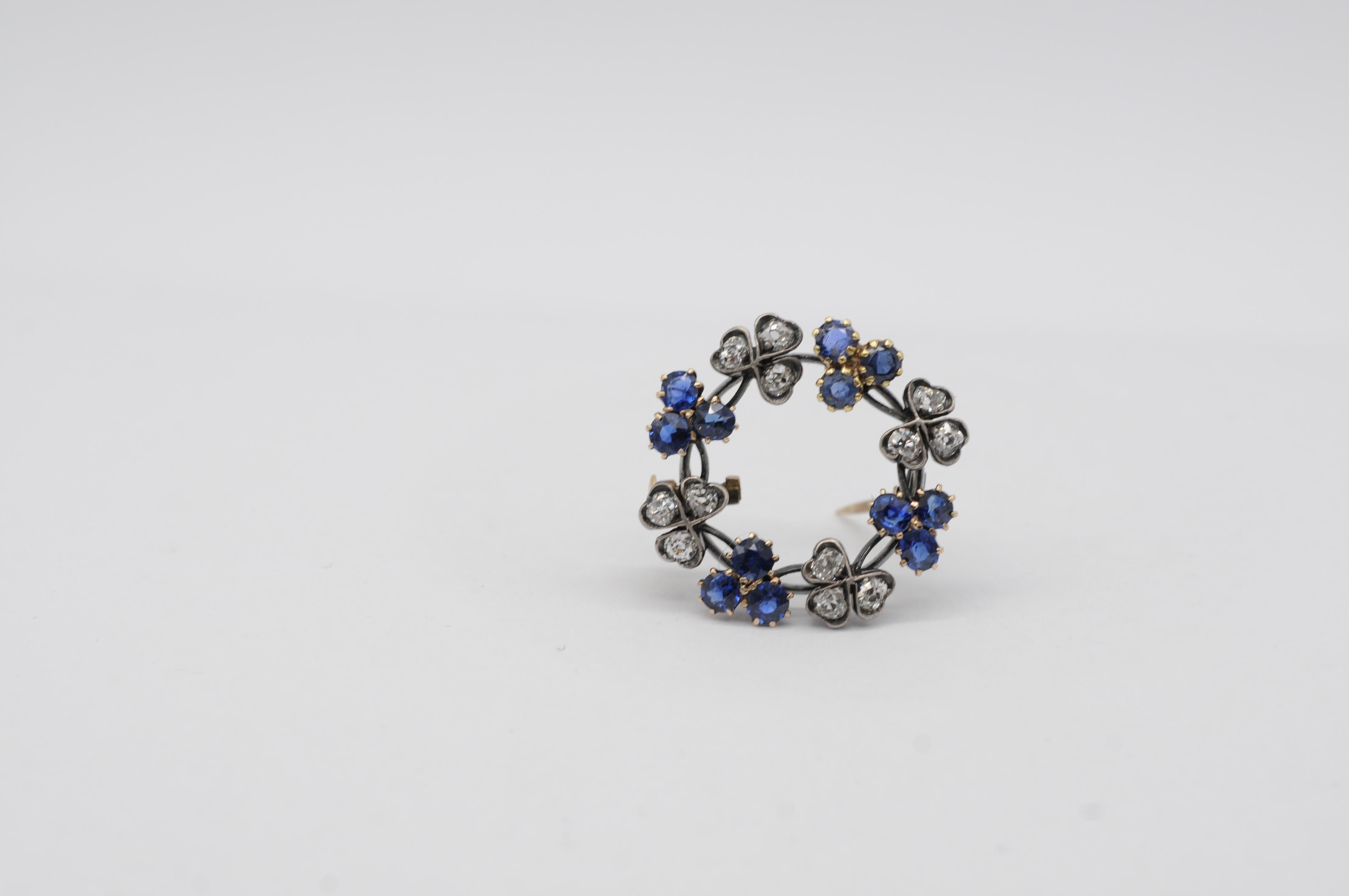 Women's or Men's Antique 14k White Gold Brooch with 12 Brilliant-Cut Diamonds & 12 Sapphires For Sale
