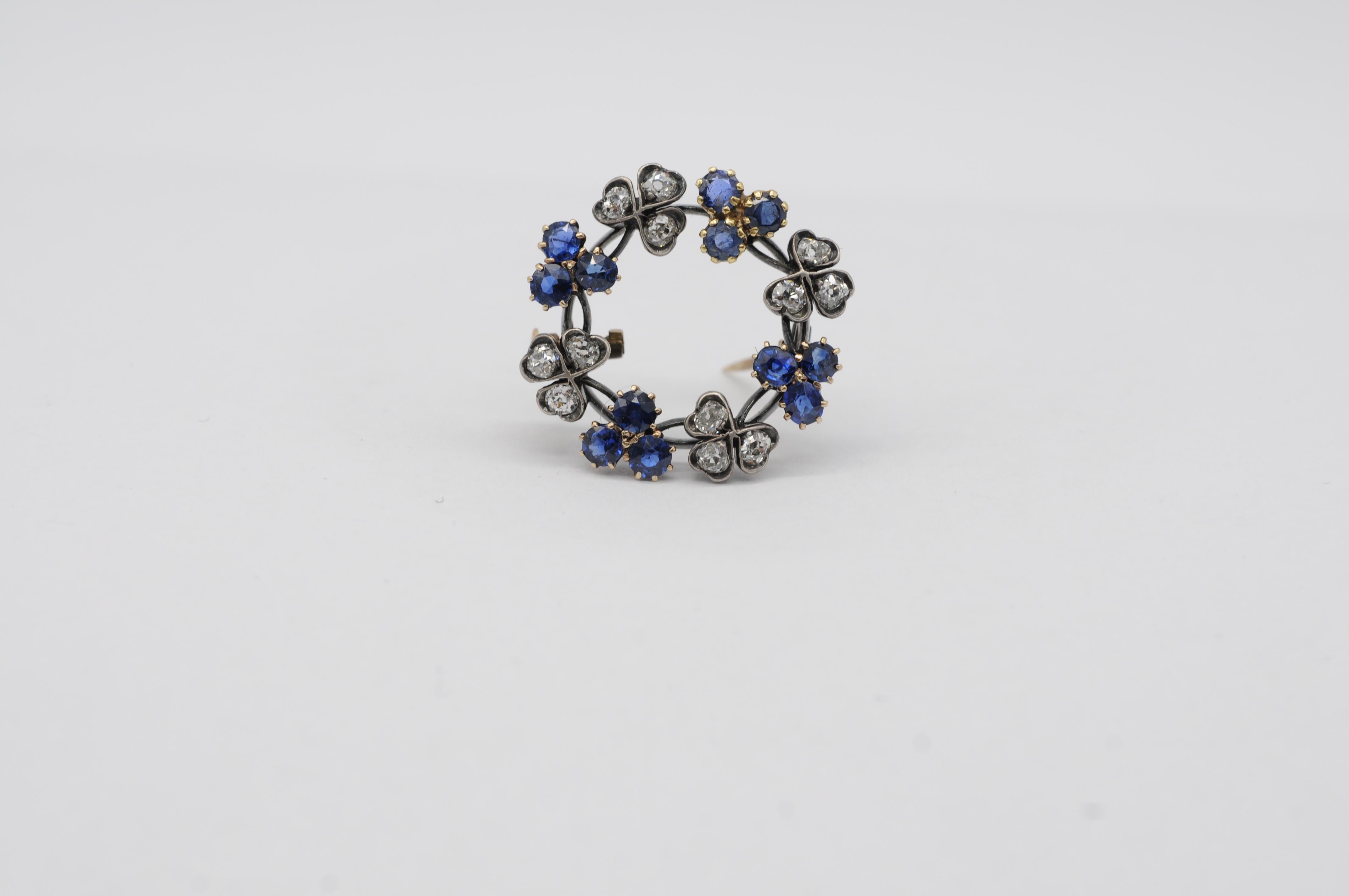 Antique 14k White Gold Brooch with 12 Brilliant-Cut Diamonds & 12 Sapphires For Sale 1