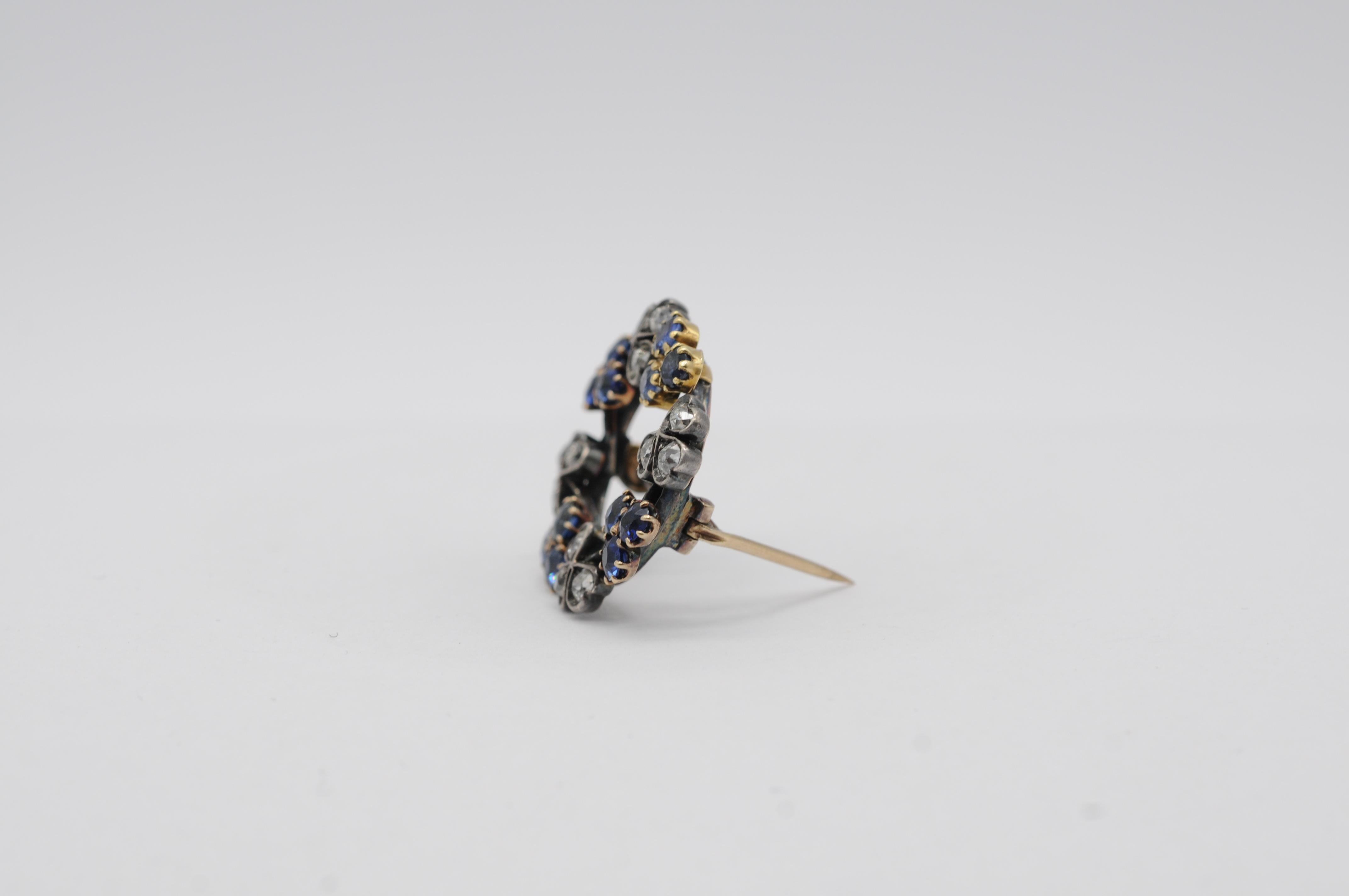 Antique 14k White Gold Brooch with 12 Brilliant-Cut Diamonds & 12 Sapphires For Sale 2