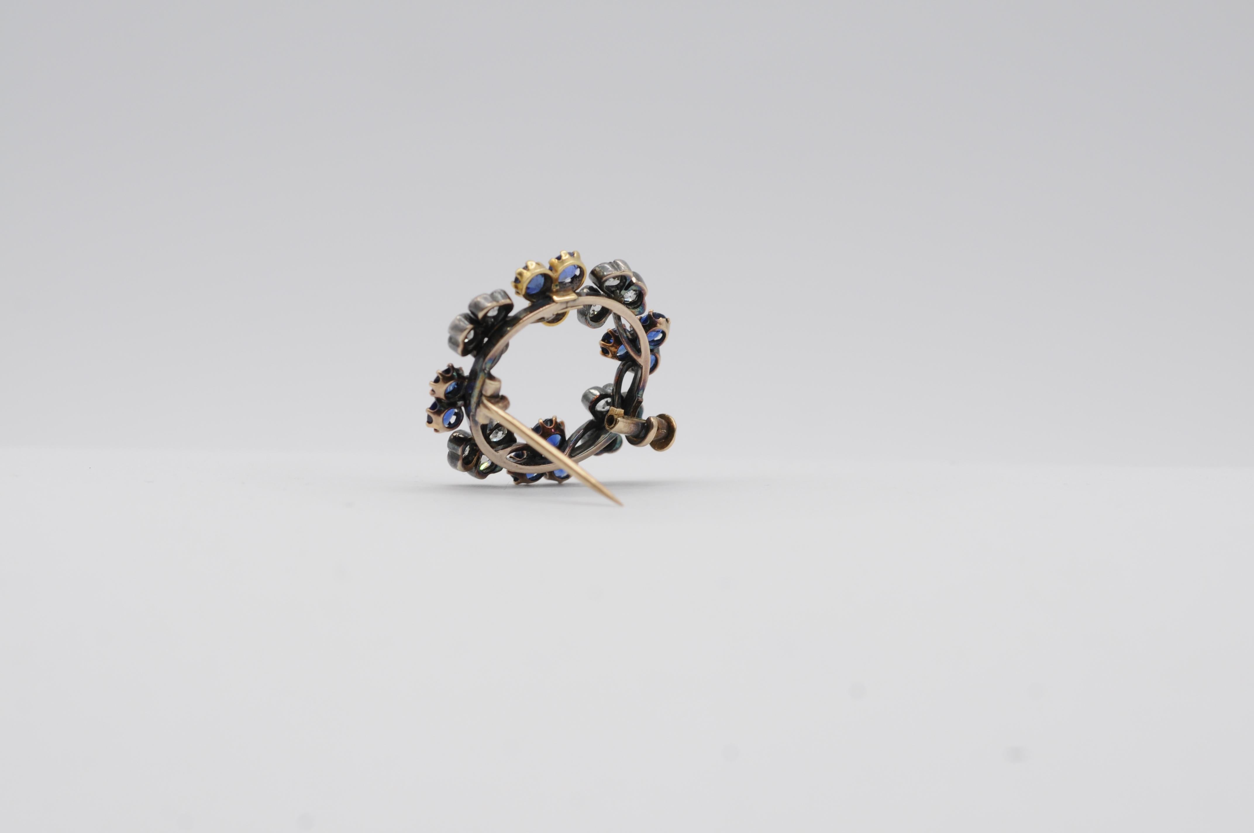 Antique 14k White Gold Brooch with 12 Brilliant-Cut Diamonds & 12 Sapphires For Sale 3