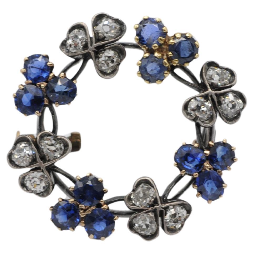 Antique 14k White Gold Brooch with 12 Brilliant-Cut Diamonds & 12 Sapphires