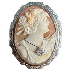 Antique 14k White Gold Cameo Brooch with Diamond Necklace, 1900s