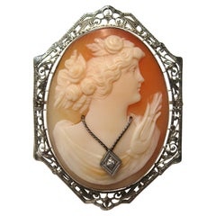 Antique 14k White Gold Cameo Brooch with Diamond Necklace, Circa 1900s
