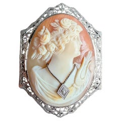 Antique 14k White Gold Cameo Brooch with Diamond Necklace, Circa 1900s