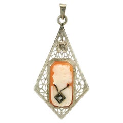 Antique 14k White Gold Carved Shell Cameo Diamond Filigree Lozenge Shape Pendant