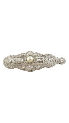 Antique 14K White Gold Diamond and Pearl Filagree Pendant Brooch #16971
