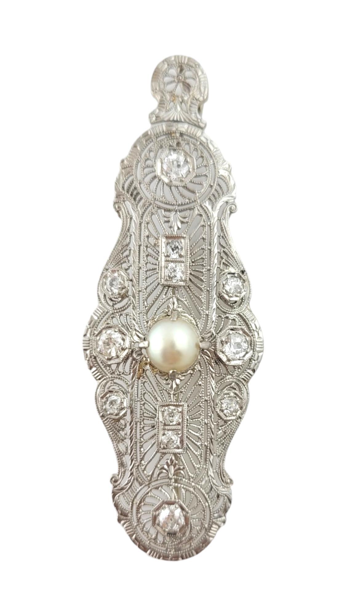 Old Mine Cut Antique 14K White Gold Diamond and Pearl Filagree Pendant Brooch #16971 For Sale