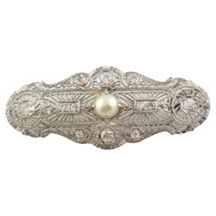 Vintage 14K White Gold Diamond and Pearl Filagree Pendant Brooch #16971