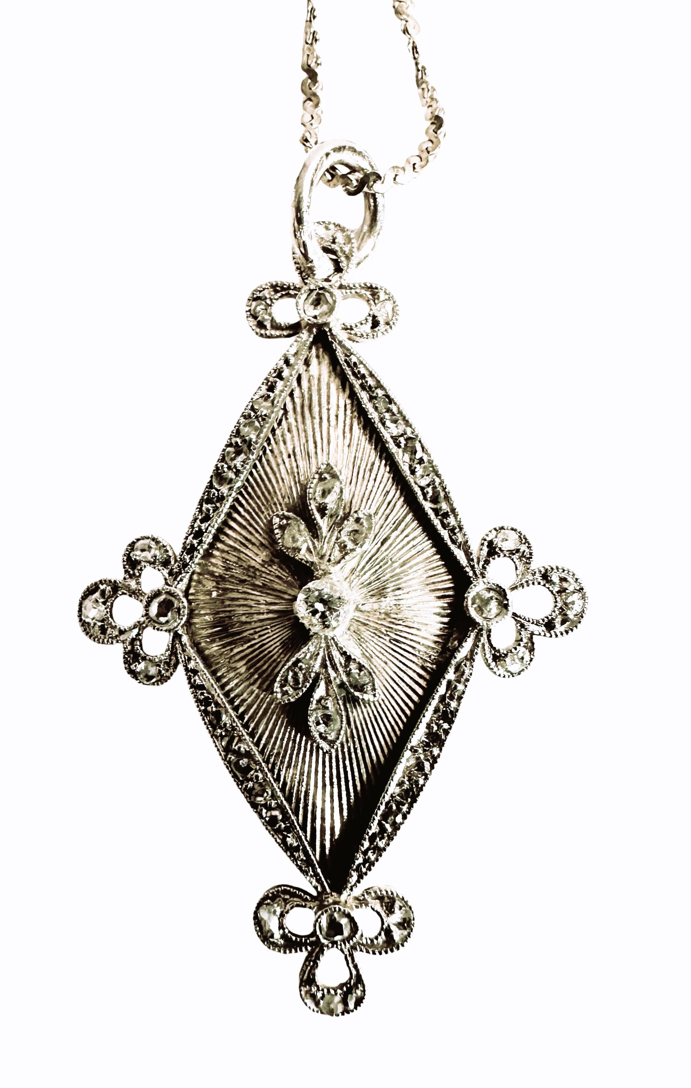 Antique 14k WG Rose Cut & Mine Cut Diamond Pendant w 14k White Gold 18